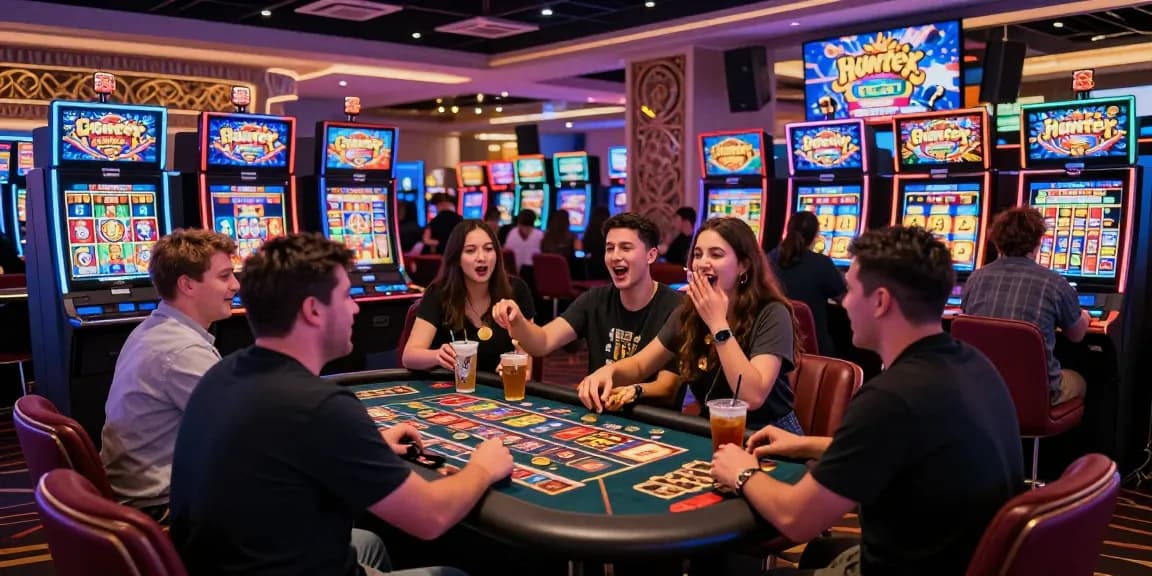 Exciting gaming scene featuring enthusiastic players enjoying Crazy Hunter slot machines in a lively casino atmosphere.