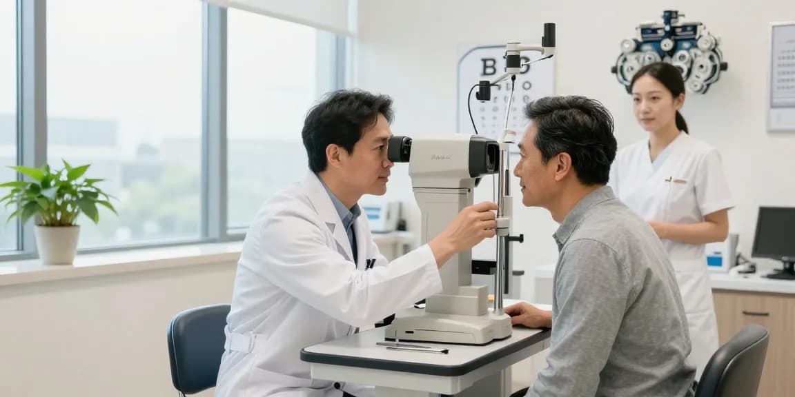 Ophthalmologist examining a patient at SNU Eye Clinic, showcasing advanced eye care in Korea.