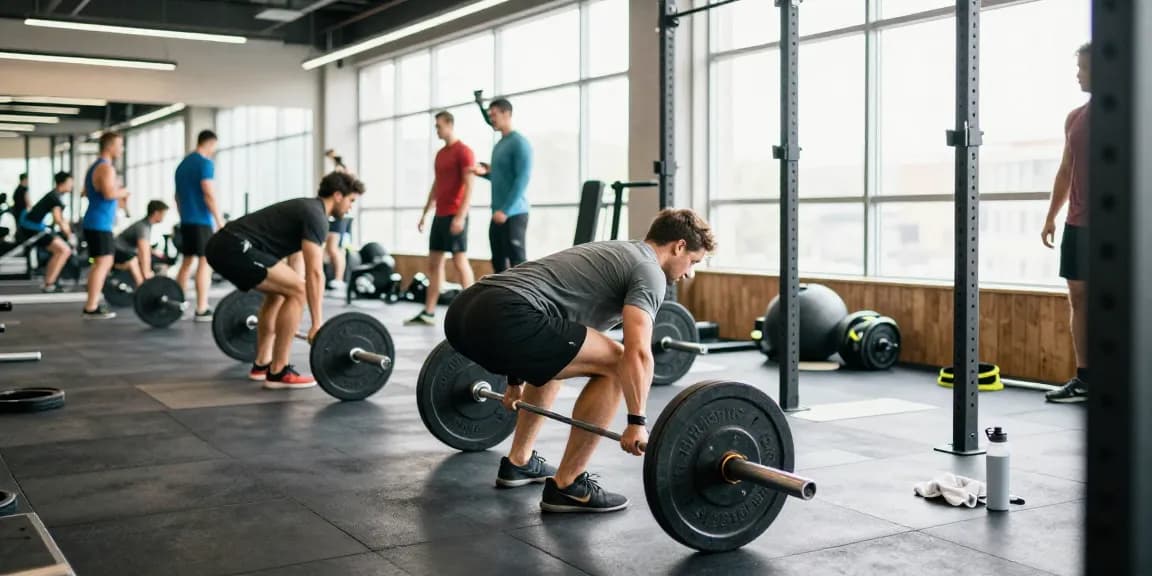 Astera Shop fitness scene with a dedicated athlete performing deadlifts in a bright gym environment, showcasing strength training equipment.