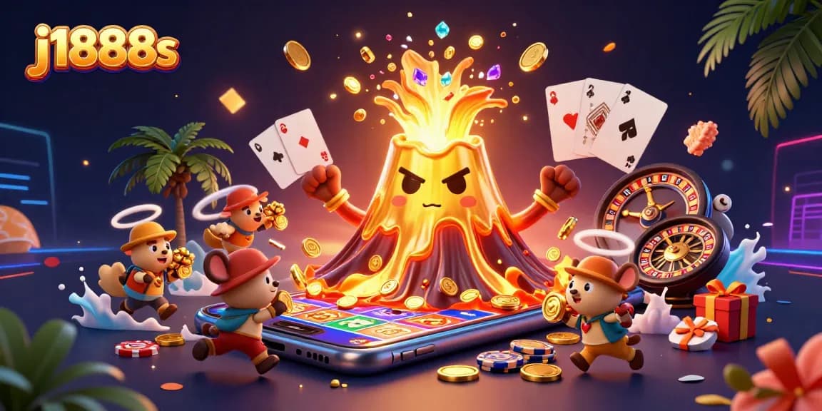 Experience the thrill of j1888s with a dynamic 3D illustration of a golden volcano and gaming elements.
