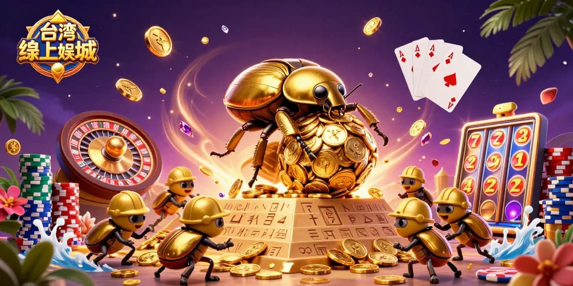在台灣線上娛樂城享受即時賭博體驗，蓋著金色圓球的金甲蟲和閃耀的賭博元素。