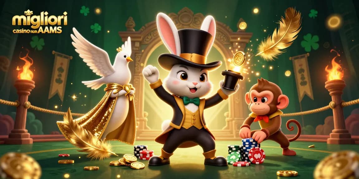 Illustrazione coinvolgente dei migliori casino non AAMS che evidenzia l'eccitazione con un coniglio magico, monete scintillanti e personaggi giocosi.