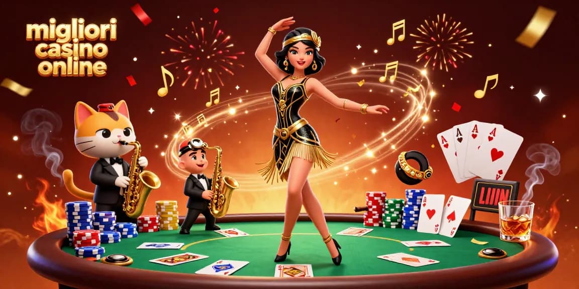 Illustrazione coinvolgente che mostra i migliori casino online con personaggi vivaci in un ambiente di casinò vibrante.