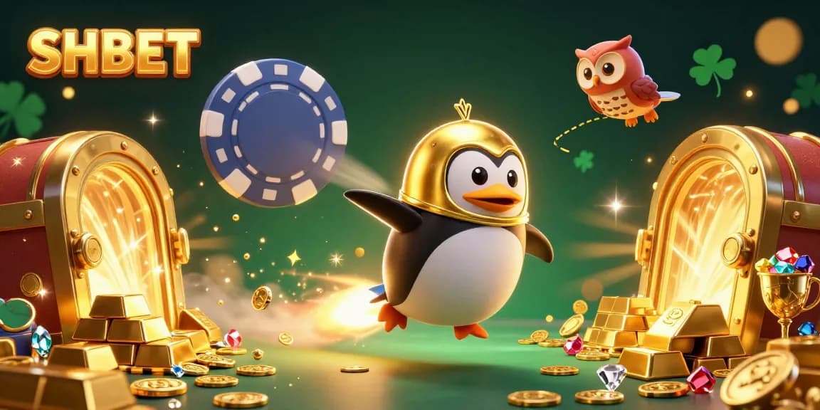 Experience the thrill of SH BET with a 3D cartoon penguin and casino elements in space, capturing rich gambling excitement.