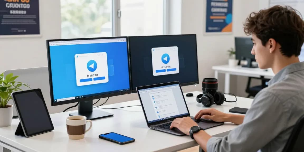 Young professional using the 纸飞机中文版 app on a laptop in a bright tech workspace.
