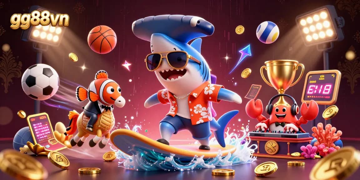 gg88vn showcases a lively scene with a surfing shark, clownfish, and DJ crab amidst dynamic sports elements and gold coins.