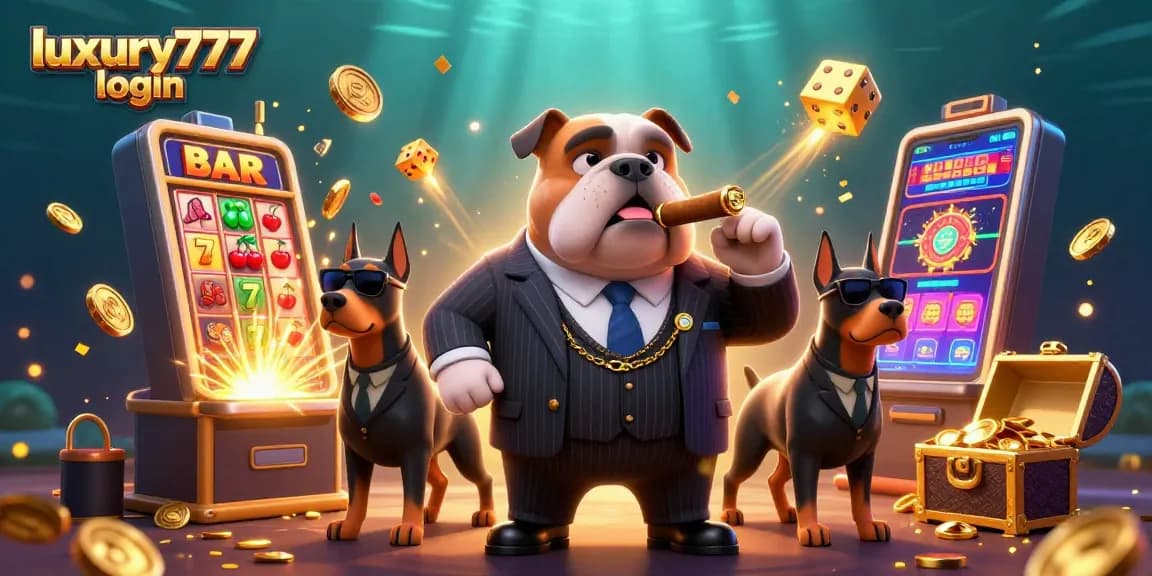Engage with luxury777 login featuring a mafia bulldog and jackpot slot machine bursting with coins.