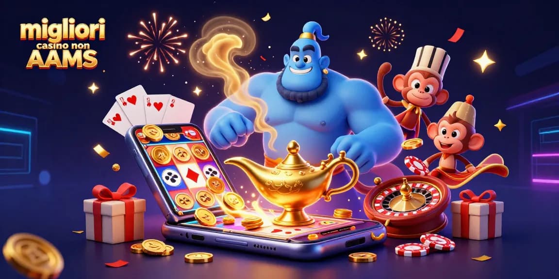 Esplora i migliori casino non AAMS con un'illustrazione 3D vibrante e festosa di giochi e personaggi.