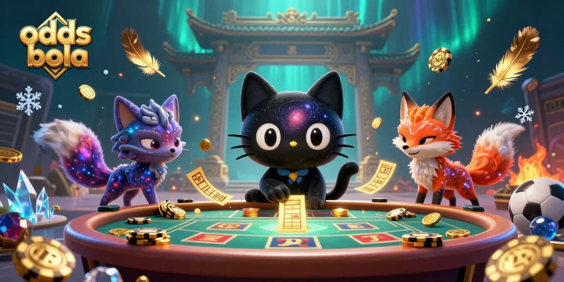 Engage with odds bola at a vibrant cosmic sports betting scene featuring a black hole cat and a nebula fox.