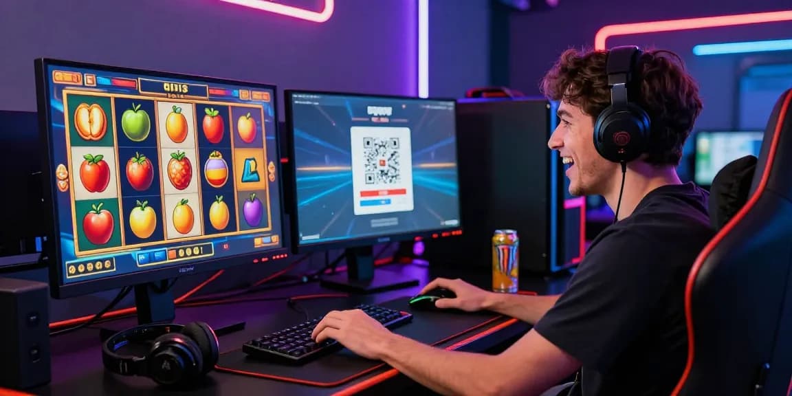 Engaging gaming scene showcasing slot depo 1k with animated reels and QRIS payment options.