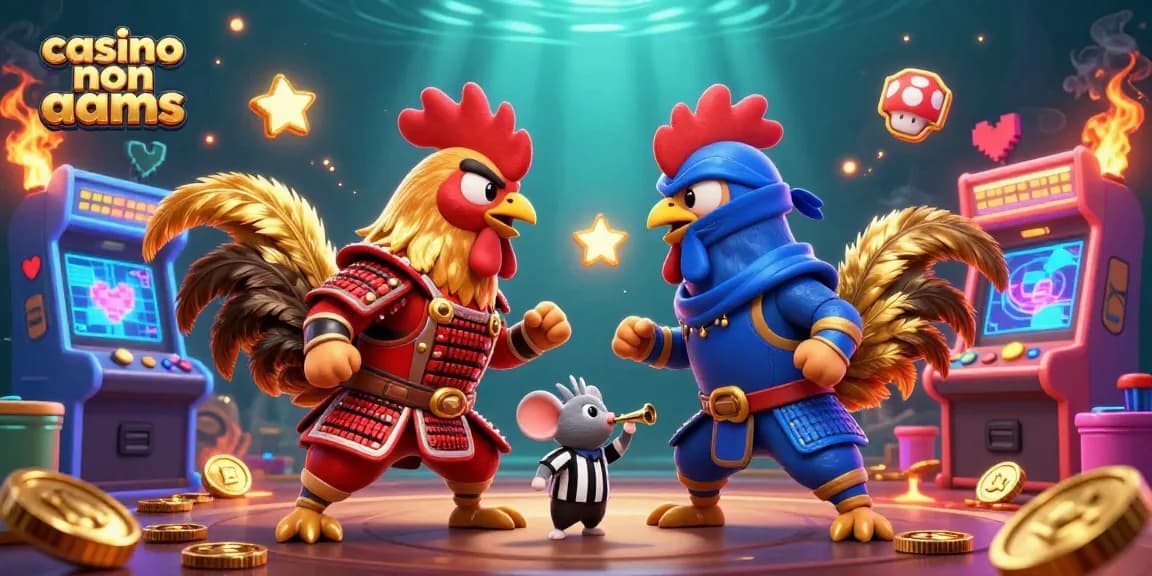 Guarda i galli gemelli in abiti da samurai e ninja combattere nell'emozionante mondo dei casino non aams con giochi arcade vivaci.