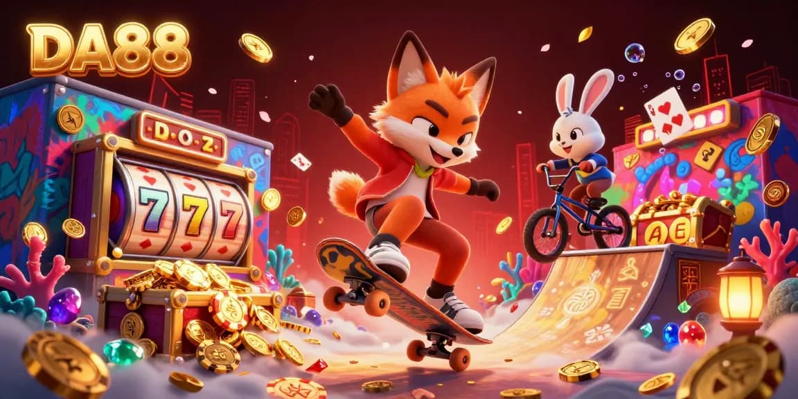 Engage with exciting DA88 casino action featuring a skateboarder fox and BMX-riding rabbit amidst dynamic gaming visuals.