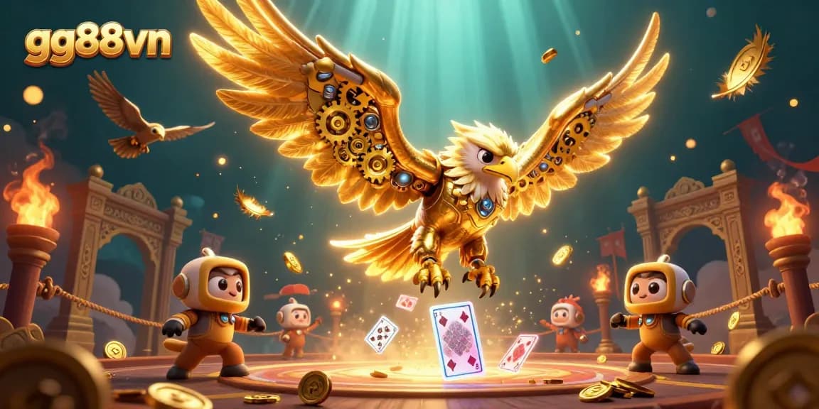 Experience thrilling action at gg88vn with our cybernetic eagle amidst holographic cards and vibrant casino elements.