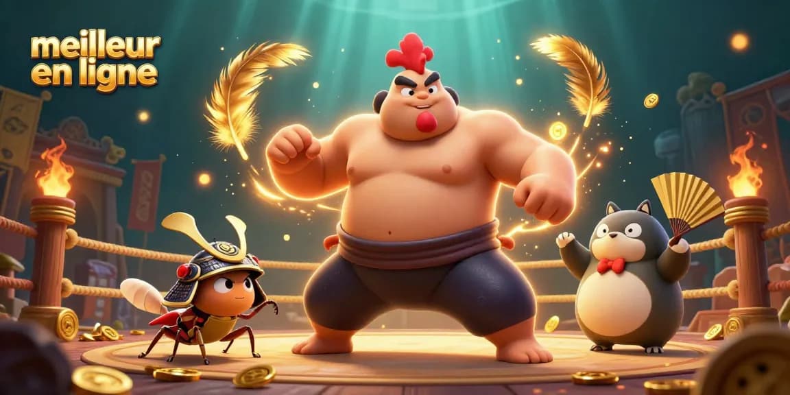 Engage with the dynamic scene showcasing meilleur casino en ligne featuring a powerful sumo wrestler rooster and fierce cricket.