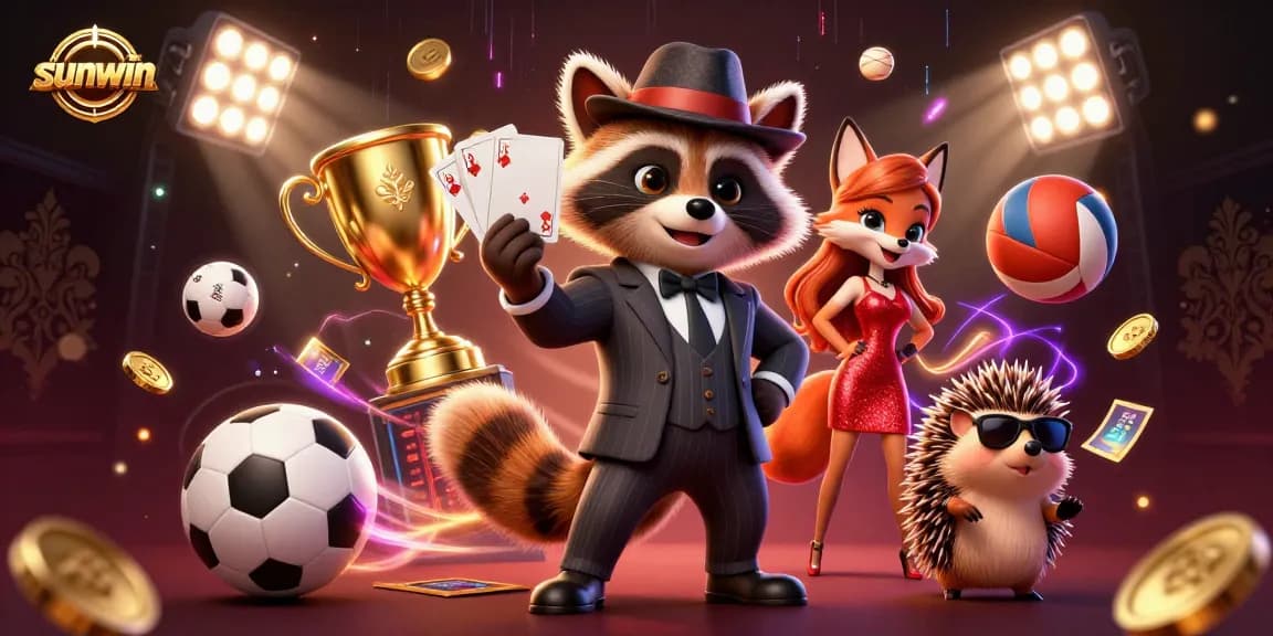 Sunwin's engaging scene showcasing a suave raccoon, a charming fox, and a bouncer amidst vibrant casino elements.