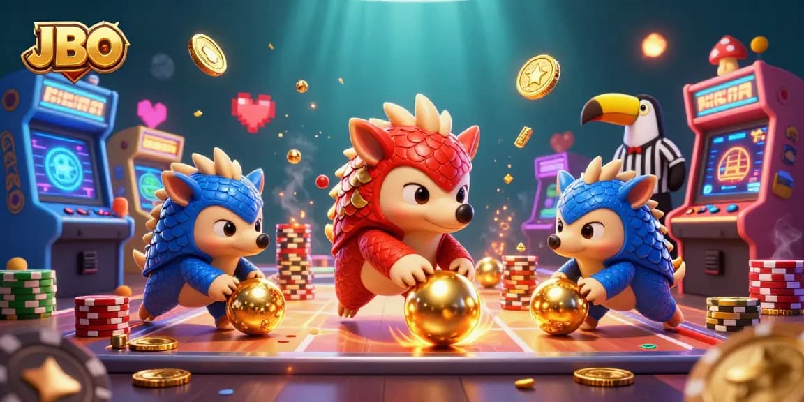Experience JBO gaming excitement as pangolins challenge with golden balls amid poker chips.