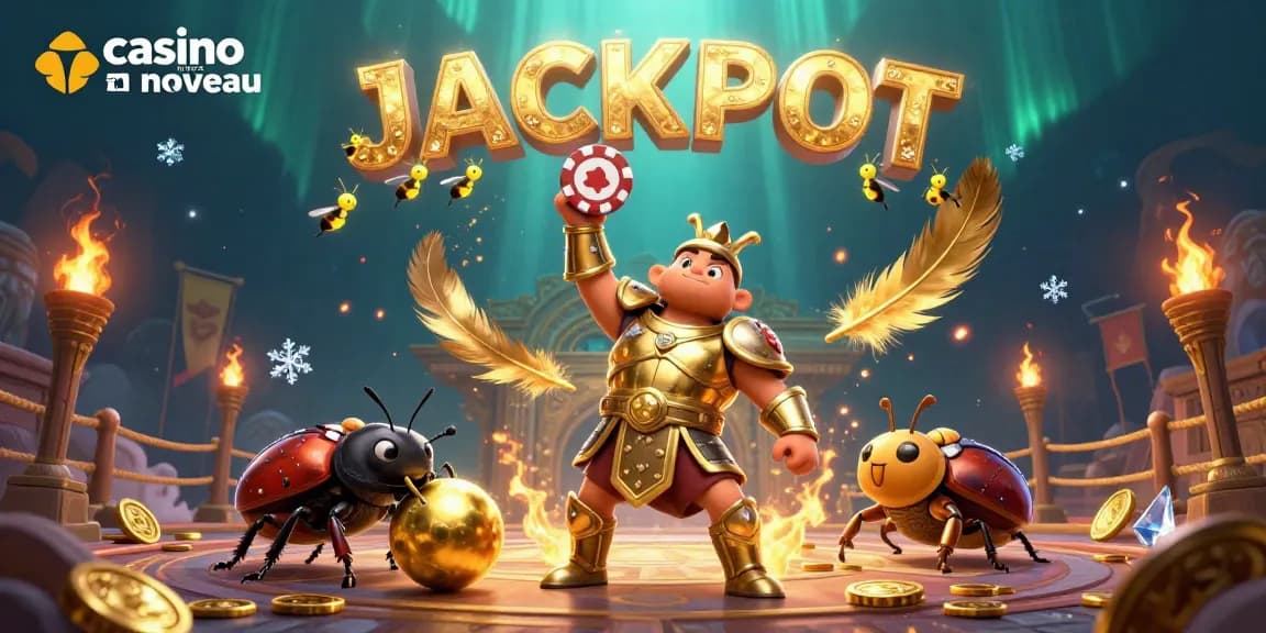 Illustration festive avec un scarabée en armure d'or célébrant un jackpot dans un casino en ligne nouveau.
