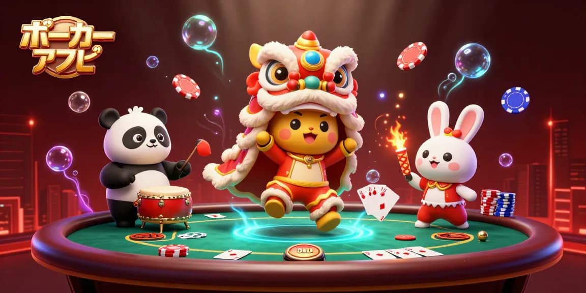 ポーカーアプリで賑やかなシーンを再現したポーカーテーブルとキャラクターたちのイラスト