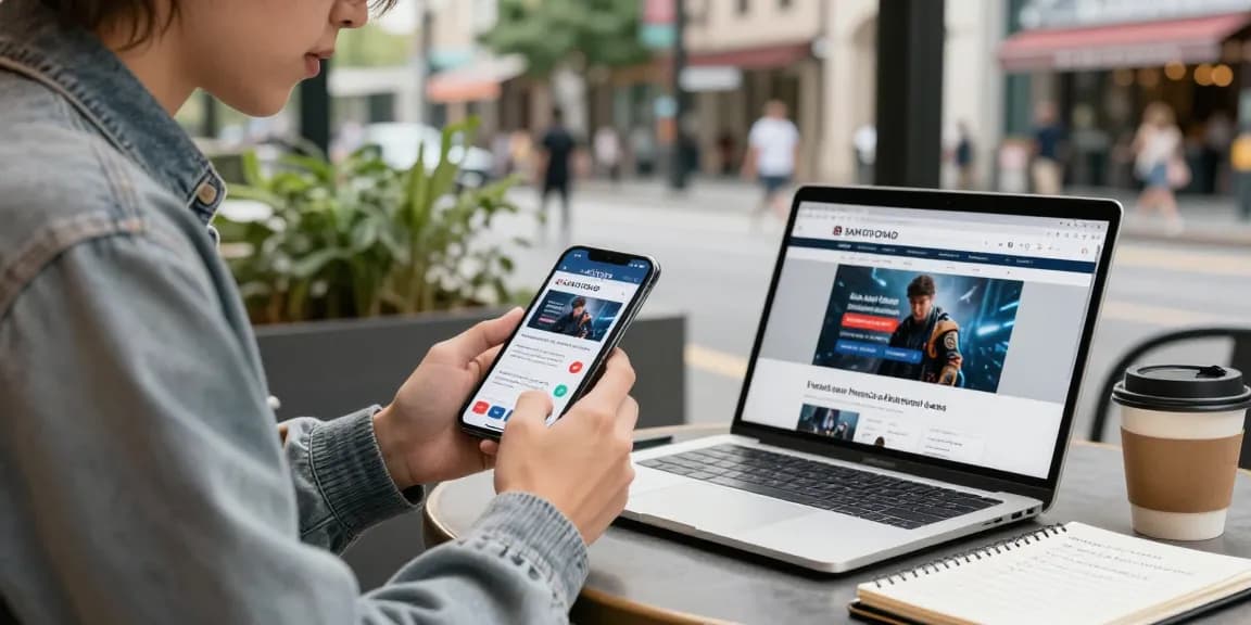 Pengguna SANTOTO4D menjelajahi aplikasi mobile di kafe kota yang ramai.