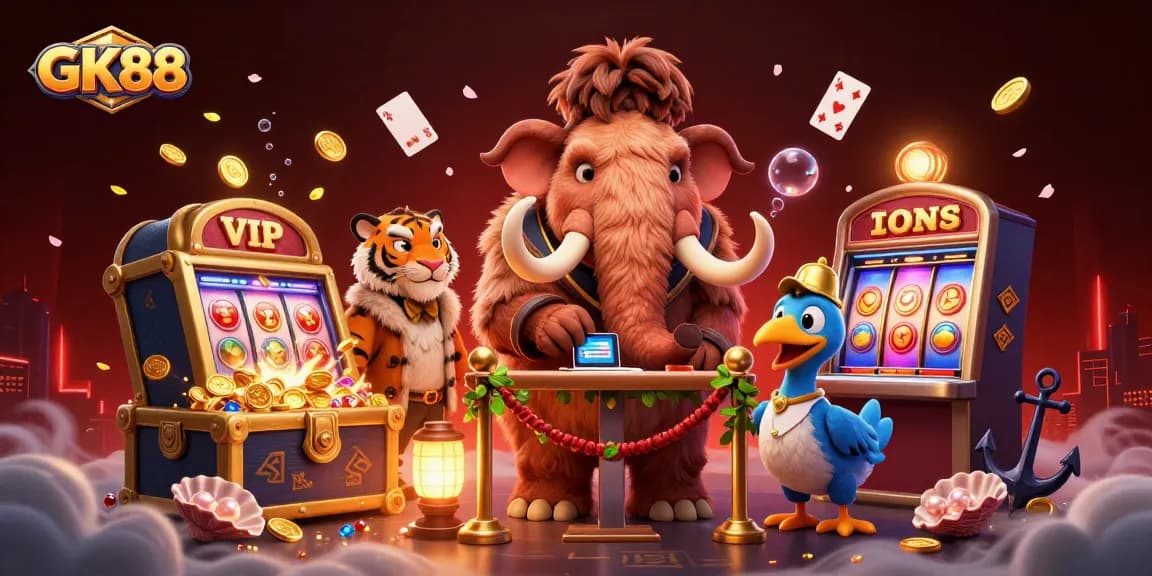 GK88 showcases an exciting casino scene with a woolly mammoth bouncer checking VIP IDs.