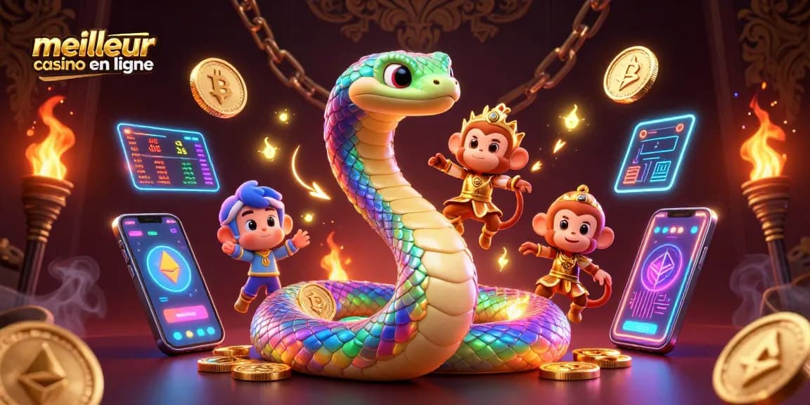 Vivez l'excitation chez meilleur casino en ligne avec des personnages vibrants et des éléments crypto dans cette illustration 3D dynamique.