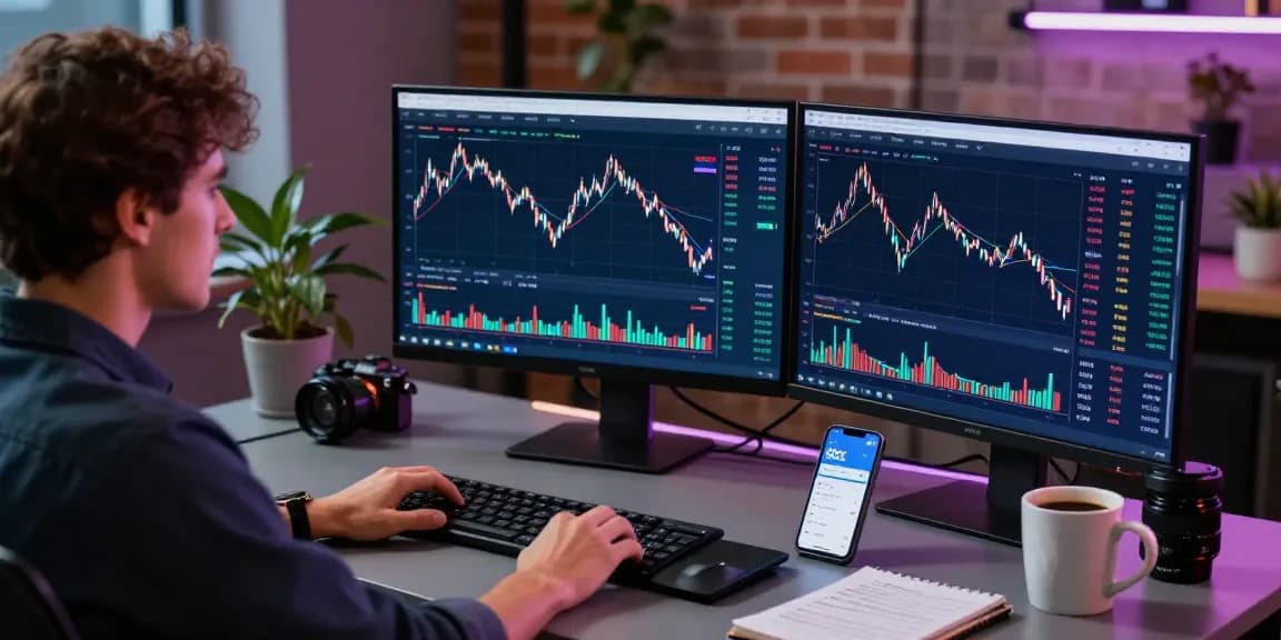 User actively trading on the OKX crypto exchange platform, analyzing market trends with multiple screens in a modern workspace.