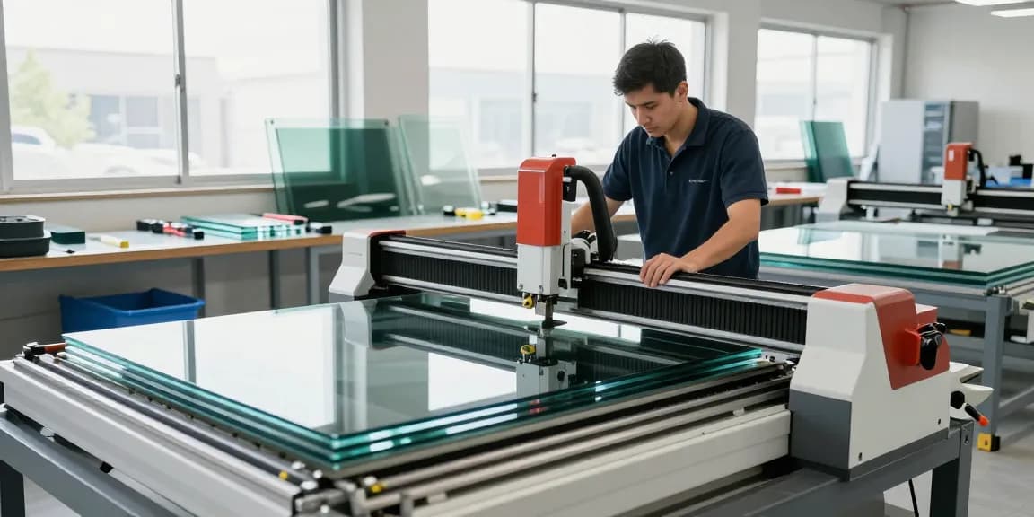 Technician using a glass cutting machine in a modern workshop, focused on precision cutting.