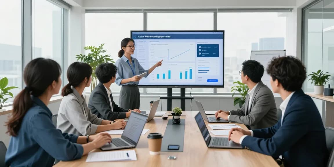 Collaborative team discussing advanced virtual switchboard solutions in a professional office environment.