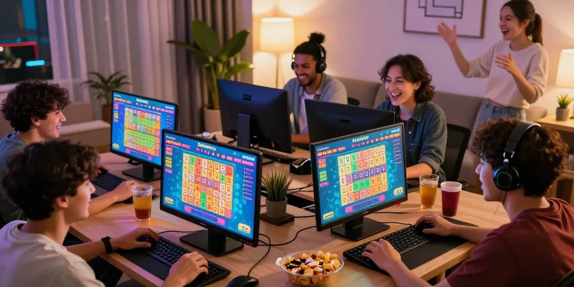 Excited friends playing benihtoto togel online together in a cozy living room.