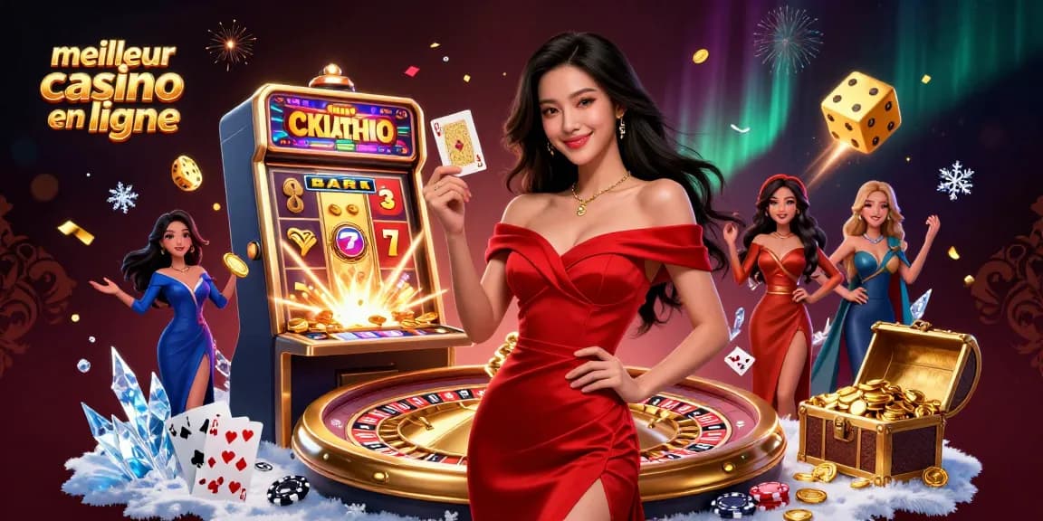 Découvrez des gains palpitants au meilleur casino en ligne avec une jeune femme éblouissante et des éléments de casino structurés.