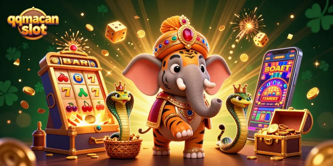 Experience high-energy slots with qqmacan slot through a colorful and dynamic cartoon illustration.