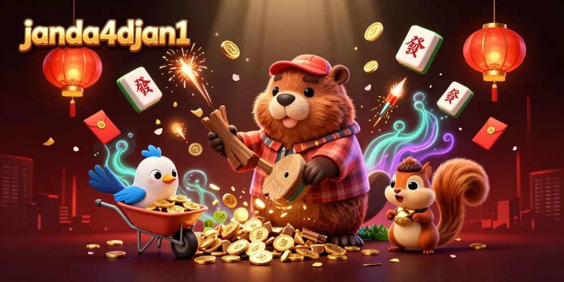 Gambaran janda4djan1 menunjukkan karakter yang menyenangkan dalam suasana kasino dengan elemen beruntung dan pemandangan meriah.