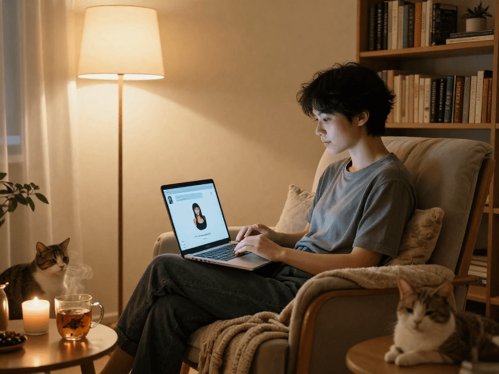 A cozy home office scene featuring a person engaged in free AI sex chat on a laptop, with warm lighting and personal touches.
