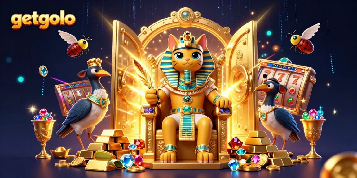Experience getgolo's thrilling slot scene with a pharaoh cat and treasures pouring from a vault.