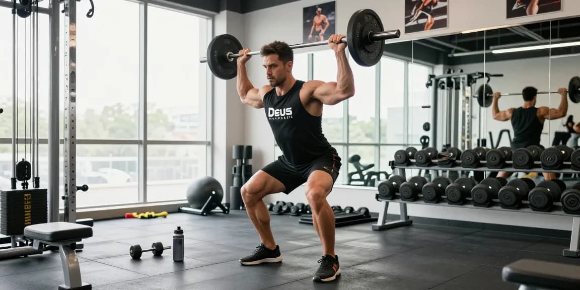 Bodybuilder exercising in a modern gym, embodying confidence and strength, representing the Deus Medical Shop brand.