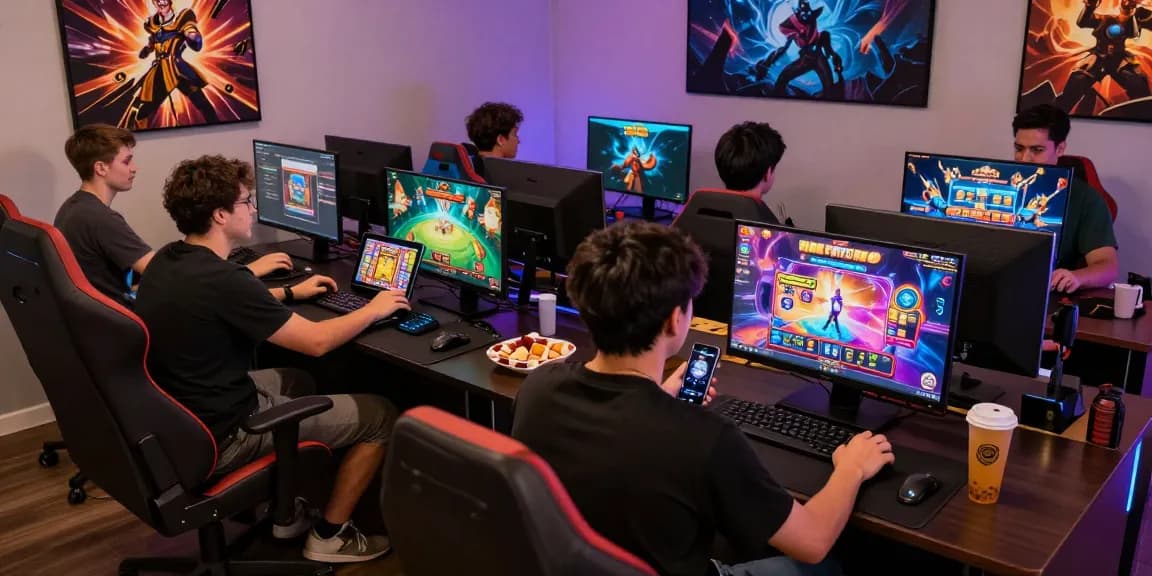Pengalaman bermain slot online Pasar88 dengan pemain menikmati berbagai permainan di perangkat modern.