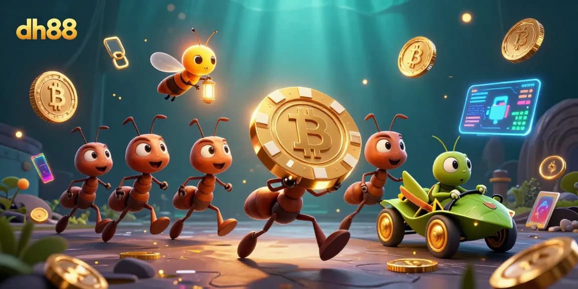 Join the dh88 adventure with a team of charming cartoon ants heisting a golden poker chip.