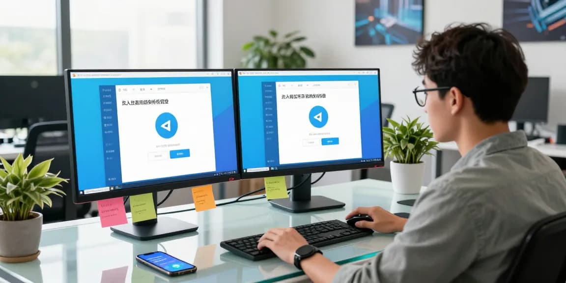 telegram china desktop setup with user interacting with Telegram on dual monitors in a modern office