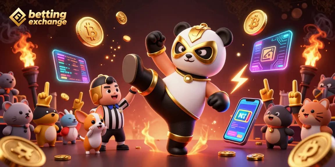 Betting exchange scene with a wrestling panda, counting referee, and cheering animal fans amidst vibrant crypto elements.