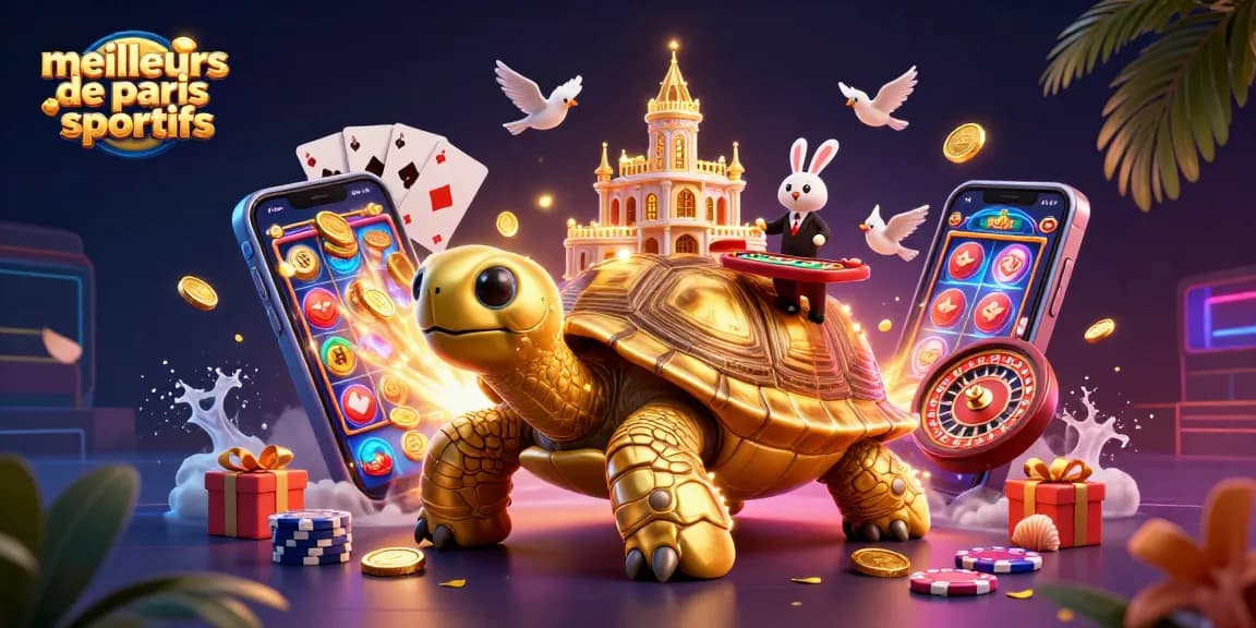Découvrez les meilleurs sites de paris sportifs avec une illustration dynamique de tortue géante et un croupier.