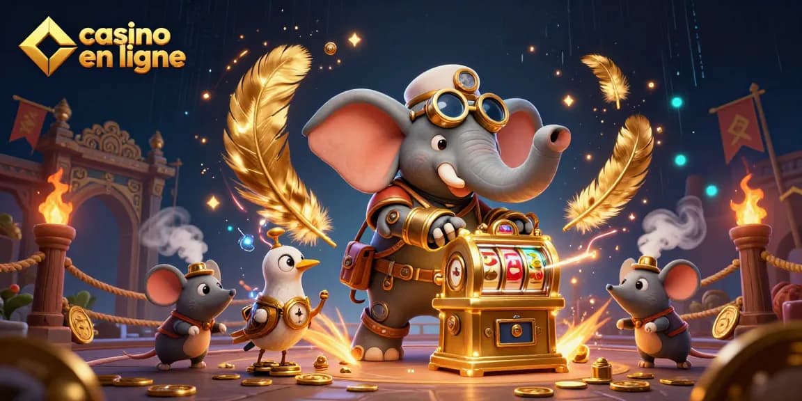Joue au casino en ligne avec l'éléphant steampunk et ses compagnons dans une scène animée.