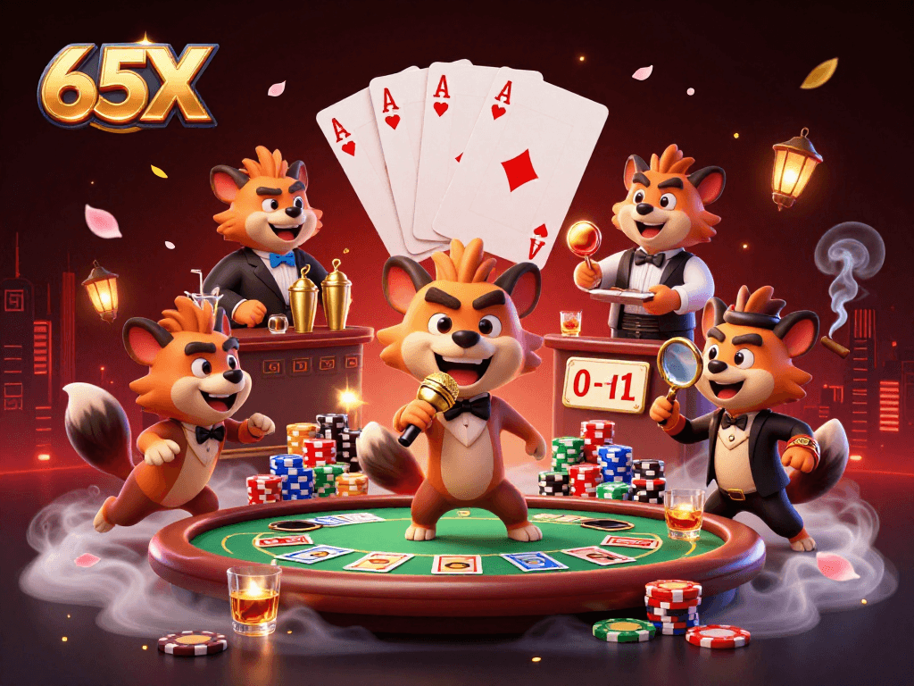 Hyenas divertindo-se no cassino 65X com poker e drinks, criando energia e risadas.