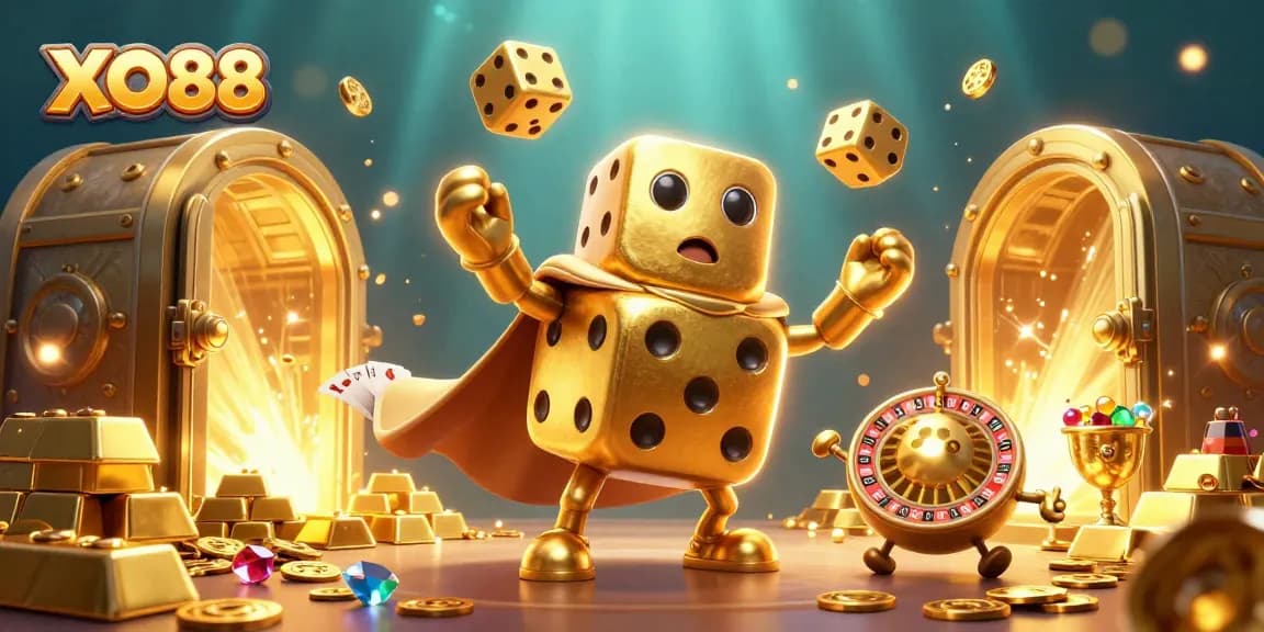 Engage with XO88’s vibrant casino world featuring a golden dice golem and dazzling treasures.