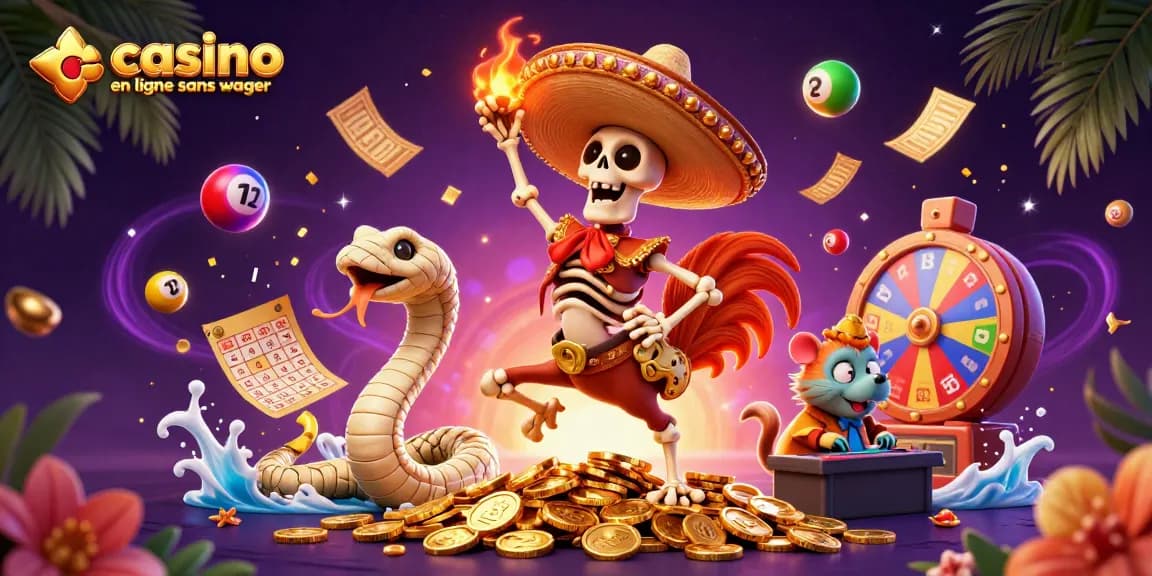 Un rooster mariachi dansant parmi des pièces d'or, pour promouvoir casino en ligne sans wager.