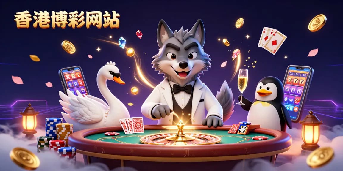 在香港博彩網站上，老虎獅子與優雅天鵝準備於百家樂桌前開啟遊戲，周圍金幣與寶石閃耀。