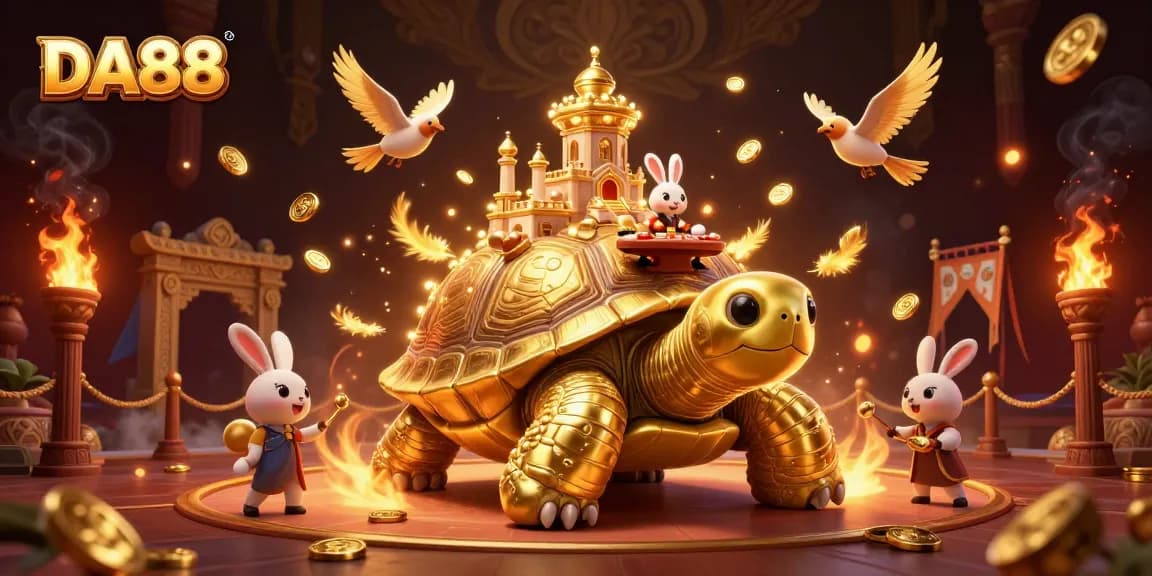 Experience thrilling gameplay at DA88 with a dynamic rabbit dealer and golden coins in an enchanting casino scene.