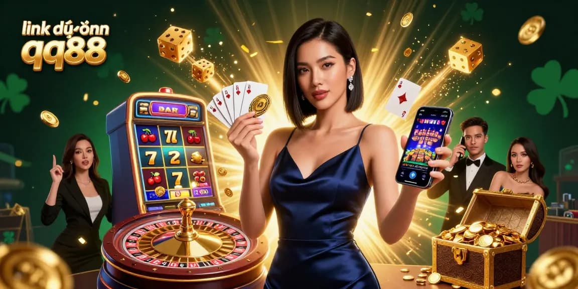 Experience the excitement of link dự phòng qq88 with a stunning casino scene featuring jackpots and vibrant game elements.