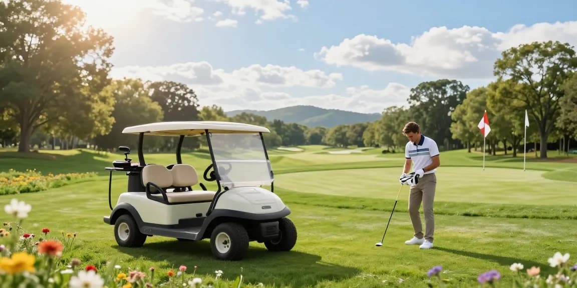 Refurbished golf cart on lush fairway highlighting golf lifestyle and relaxation on sunny course.
