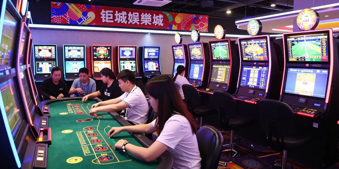 Exciting gaming atmosphere at 鉅城娛樂城 with players enjoying live dealer games and vibrant slot machines.
