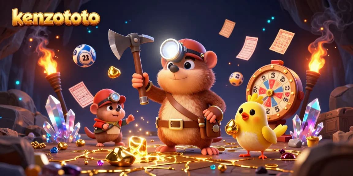 Kenzototo lottery action scene featuring a treasure hunter mole and glowing treasures amidst dynamic elements.